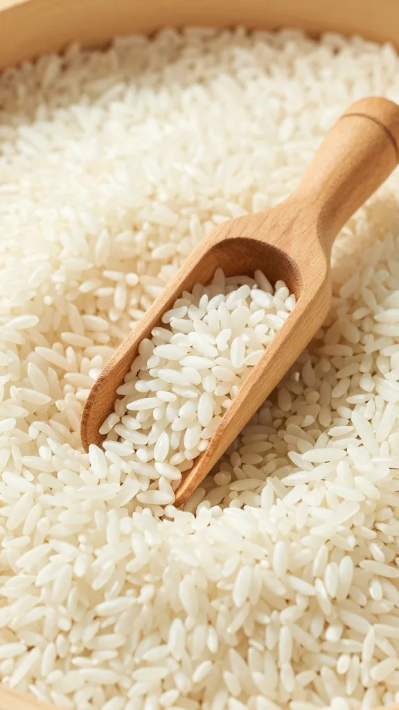 Closeup of a single wooden scoop holding rice in a sensory bin