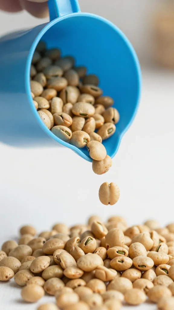 Focused shot of a lone blue plastic measuring cup pouring beans