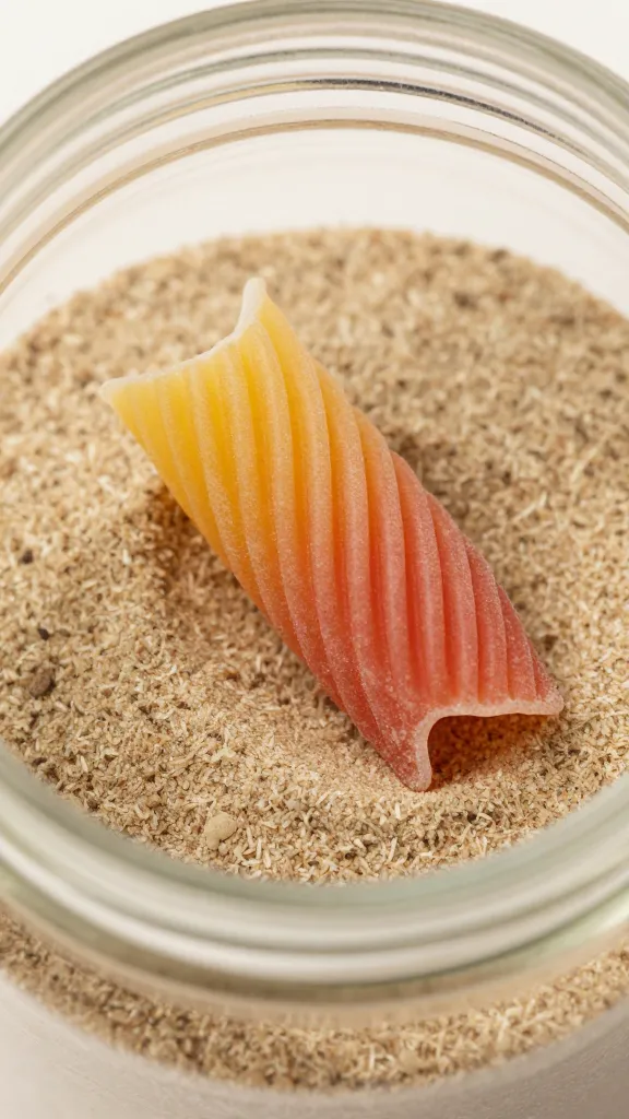 Macro image of a single colorful pasta shape resting in sand jar